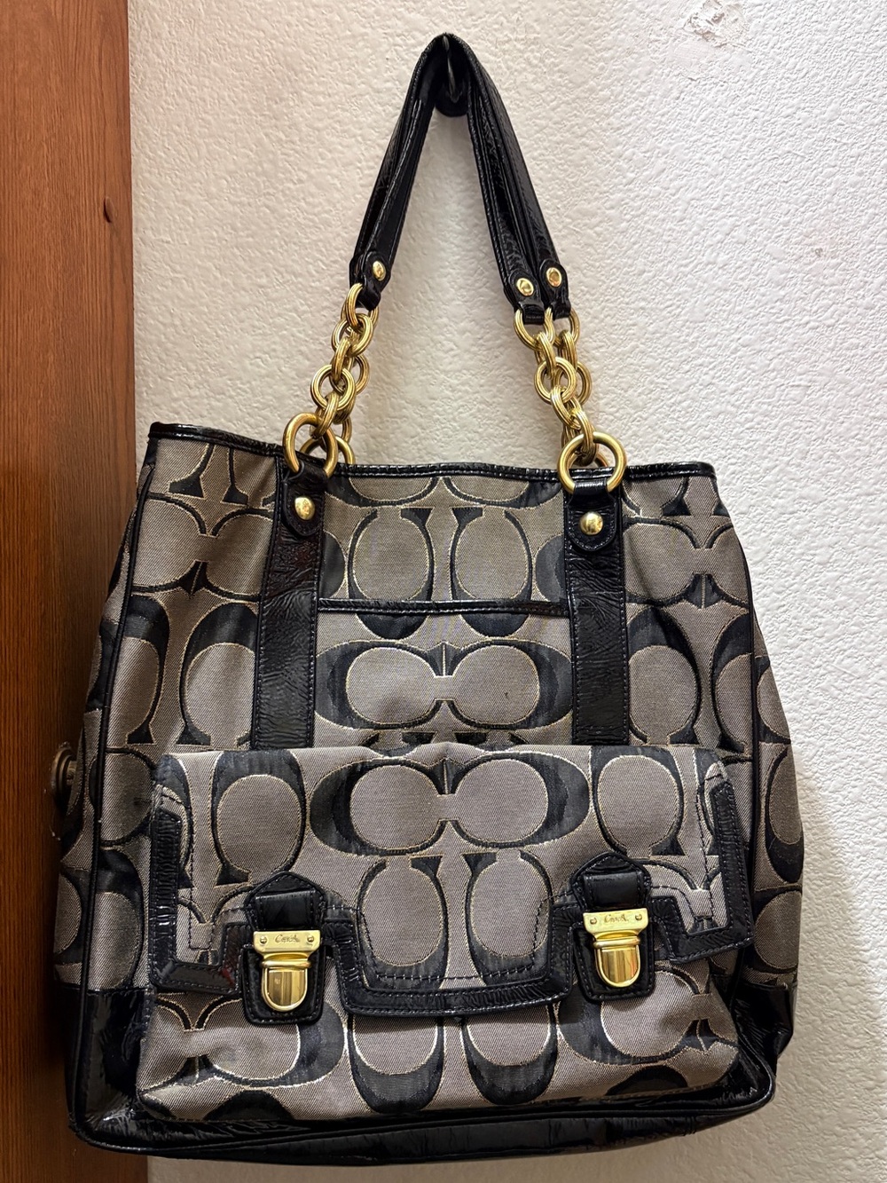 Coach Poppy Lurex Signature Pushlock Tote Black D1176-18355 Leather Trim